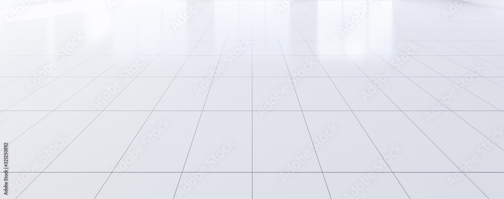 White tile floor background in perspective view. Clean, shiny and symmetry with grid line texture. For decor bathroom, kitchen and laundry room. And empty or copy space for product display. 3d render. - obrazy, fototapety, plakaty 