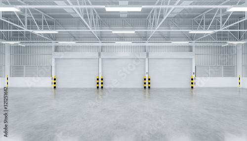 Roller door or roller shutter inside factory, warehouse or industrial building. Modern interior design with polished concrete floor and empty space for product display, industry background. 3d render.