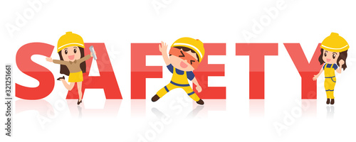 Banner work safety concept, hazards, protections, health and regulations with character.