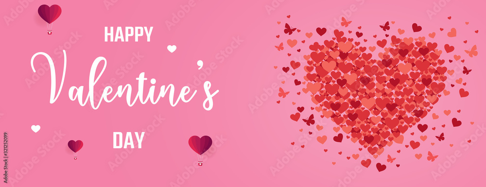 Happy Valentine's Day Banner. Beautiful Holiday design with origami hearth shape. Pink Horizontal Banner Vector Design, Flyer, Greeting Card, and Web Banner.