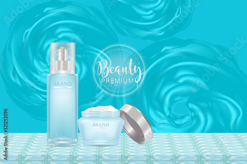 Beauty product ad design, blue cosmetic containers with advertising background ready to use, valentines concept skin care ad, illustration vector.