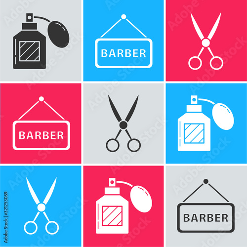 Set Aftershave, Barbershop and Scissors hairdresser icon. Vector