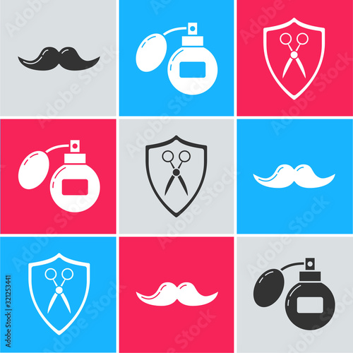 Set Mustache, Aftershave and Scissors hairdresser and shield icon. Vector