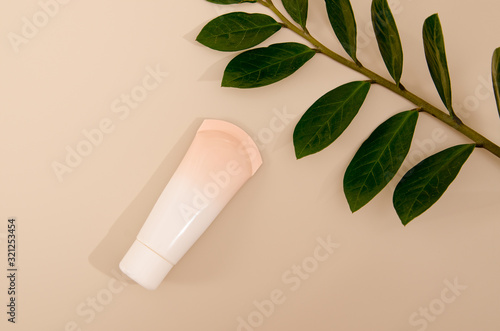 Beige tube with makeup foundation with green leaf of home plant lying on beige background
