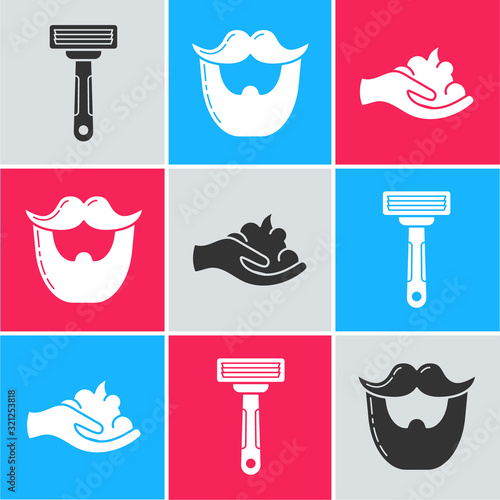 Set Shaving razor, Mustache and beard and Shaving gel foam on hand icon. Vector