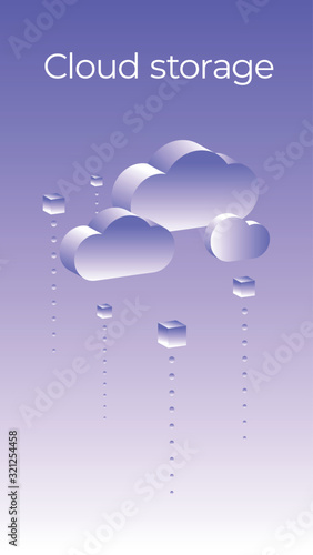 Isometric cloud storage concept. Synchronization backend cloud data storage.