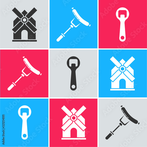 Set Windmill, Sausage on the fork and Bottle opener icon. Vector