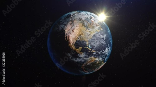 Beautiful sunrise world skyline. Planet earth from space. Planet earth rotating animation. Clip contains space, planet, galaxy, stars, cosmos, sea, earth, sunset, globe. 4k