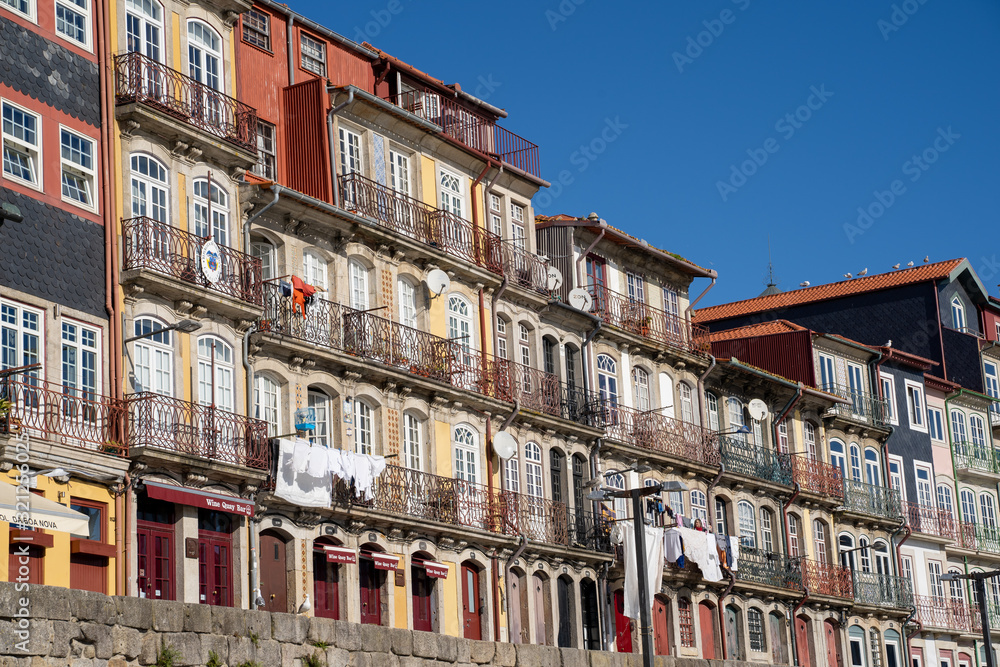 Typical scene in urban Porto, with laundry hanging out to dry on the balcony in downtown area