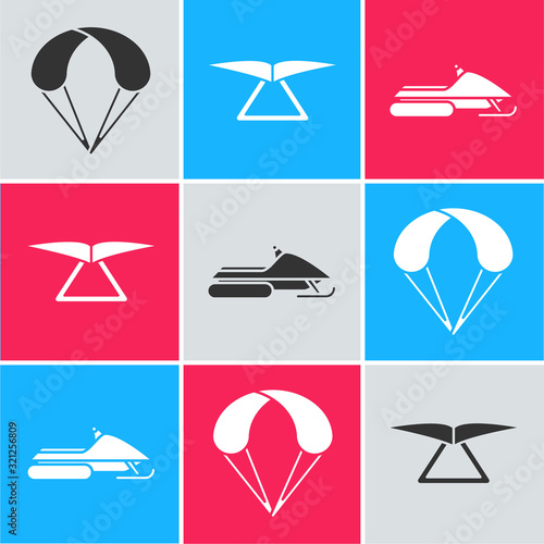 Set Parachute, Hang glider and Snowmobile icon. Vector