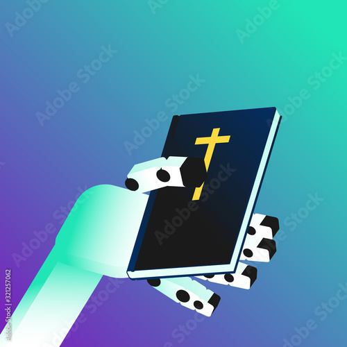 Robotic arm is holding Bible book. Isolated on blue background. vector illustration.