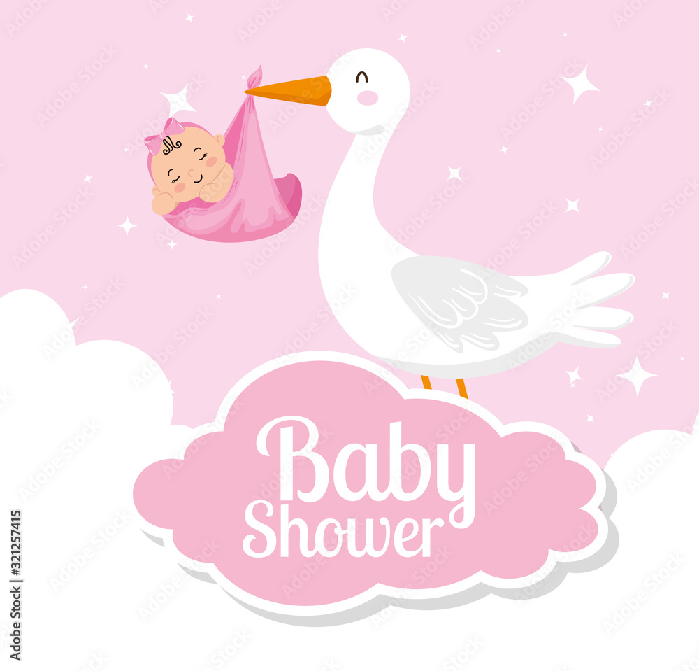 baby shower card with cute stork and decoration vector illustration design baby shower card with cute stork and decoration vector illustration design