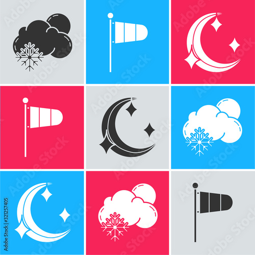 Set Cloud with snow and sun, Cone meteorology windsock wind vane and Moon and stars icon. Vector
