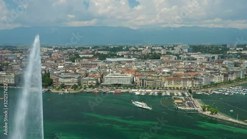 flight over summer day geneva city lakeside bay fountain top aerial panorama 4k switzerland