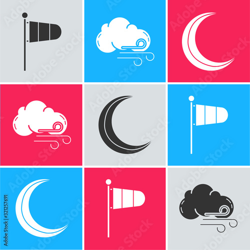Set Cone meteorology windsock wind vane, Windy weather and Moon and stars icon. Vector