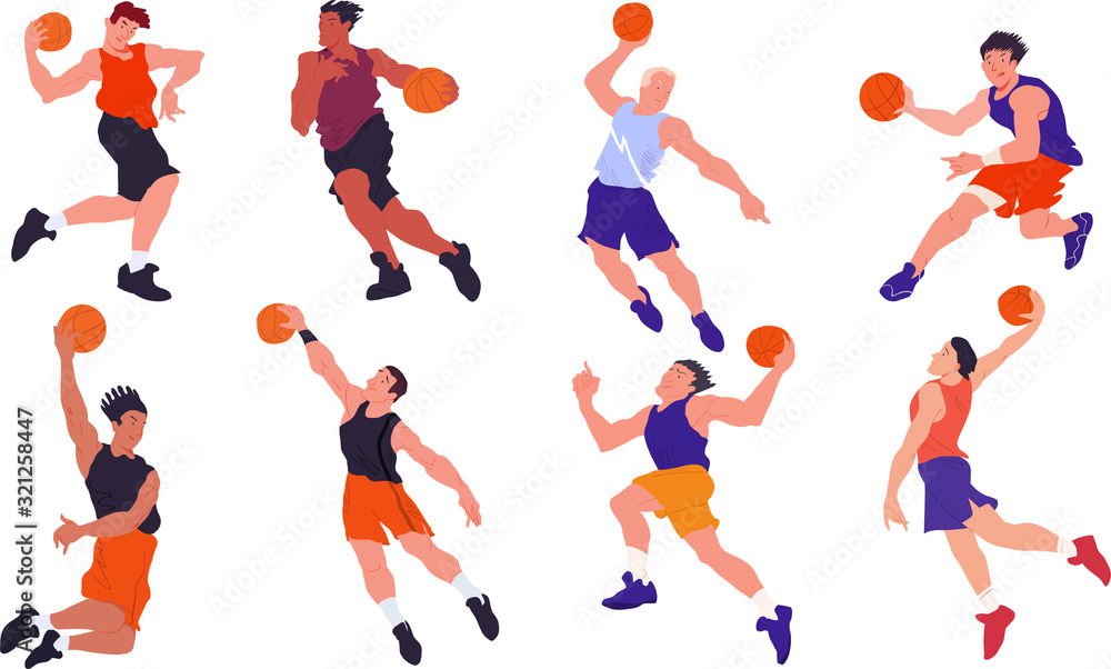 Basketball players set. The basketball team. Peoples in dynamic pose. Cartoon flat vector illustration. Isolated objects.