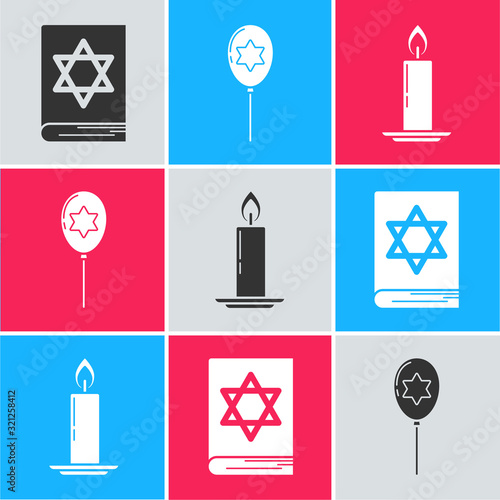 Set Jewish torah book, Balloons with ribbon with star of david and Burning candle in candlestick icon. Vector