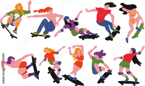 The skateboarders set. Boy and girl surf on skateboard. People on skates. Used for flyer, banner sporting events, packing sports goods. Cartoon flat vector illustration isolated object.