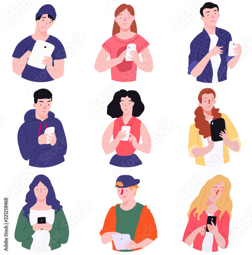 Generation z. Guy and girl with device. Character illustration isolated on round frame. People vector illustration set in flat style.