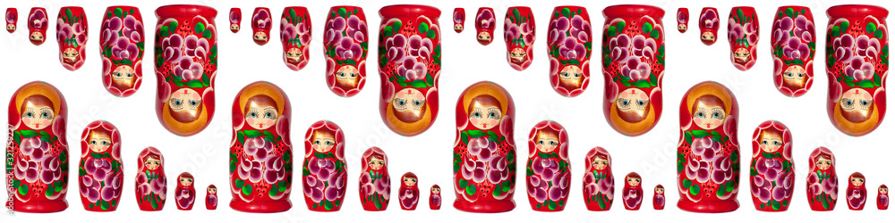 Seamless pattern of matreshka nesting dolls, white background isolated, red matrioska decorative border ornament, matryoshka backdrop, russian national art souvenir, russia traditional style wallpaper Seamless pattern of matreshka nesting dolls, white background isolated, red matrioska decorative border ornament, matryoshka backdrop, russian national art souvenir, russia traditional style wallpaper