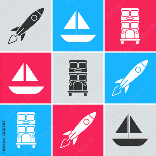 Set Rocket ship with fire, Yacht sailboat or sailing ship and Double decker bus icon. Vector