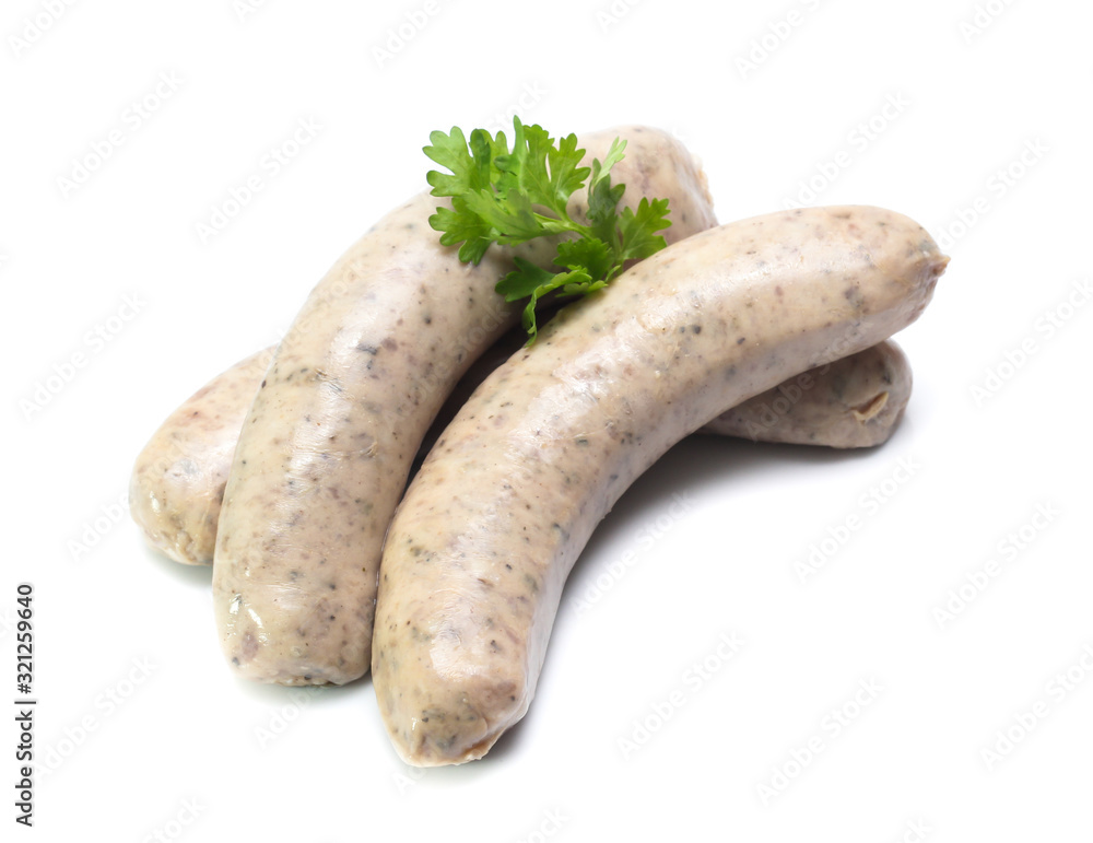 Raw sausage with coriander leaf isolated on white background Raw sausage with coriander leaf isolated on white background