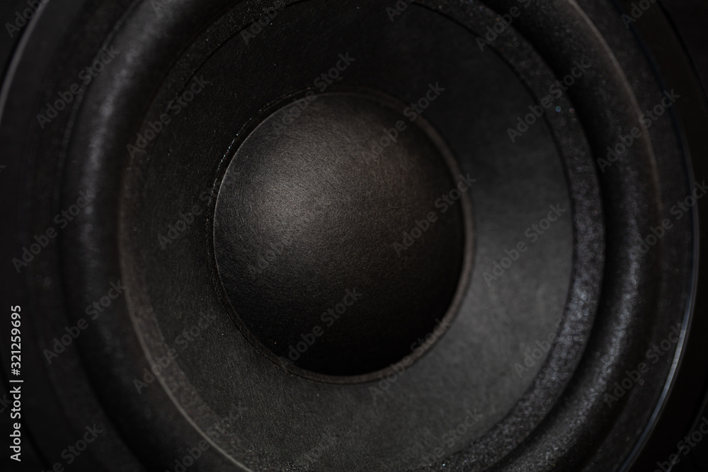Closeup of black Subwoofer speaker Closeup of black Subwoofer speaker
