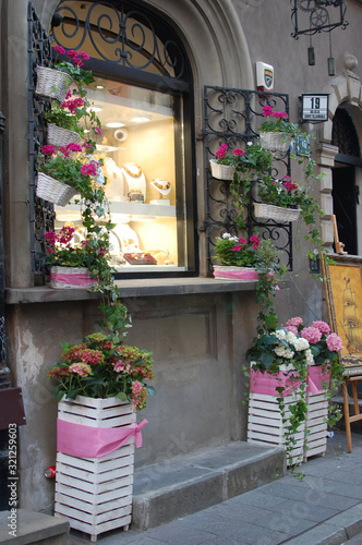 pink and white flowers standing on the windows on the street.