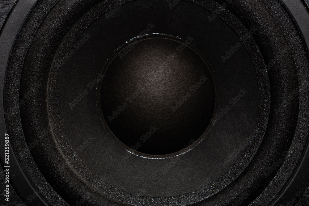 Closeup of black Subwoofer speaker Closeup of black Subwoofer speaker
