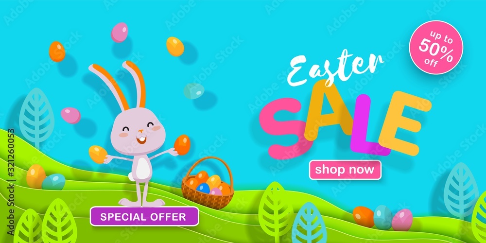 Happy Easter Sale banner. Bright paper cut layered background with funny bunny, Easter eggs, basket, stylized plants. Vector illustration for website, poster, ad, coupon, promotion