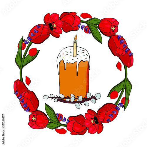 Happy Easter invitation card. Rounded red tulips with lavander garland with Easter cake and pussy willow in the middle. Circle made out of red tulips and pussy willow vector. Elements for designing in