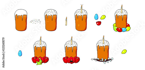 Colored Easter cake vector with eggs and tulips and pussy willow with hare. Easter cake with candle on it.  Elements for designing invitation cards for Happy Easter