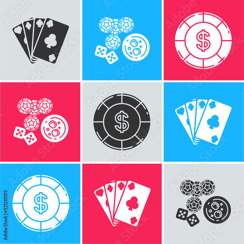 Set Playing cards, Casino chips, game dice and glass of whiskey with ice cubes and Casino chip with dollar symbol icon. Vector