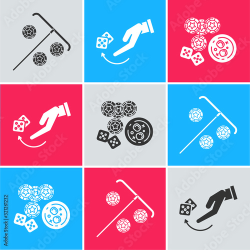 Set Stick for chips, Human hand throwing game dice and Casino chips, game dice and glass of whiskey with ice cubes icon. Vector