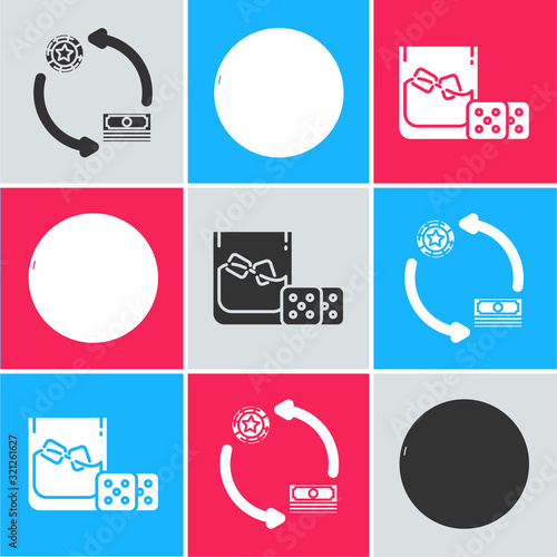 Set Casino chips exchange on stacks of dollars, Casino roulette wheel and Game dice and glass of whiskey with ice cubes icon. Vector