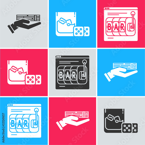 Set Hand holding deck of playing cards, Game dice and glass of whiskey with ice cubes and Online slot machine icon. Vector