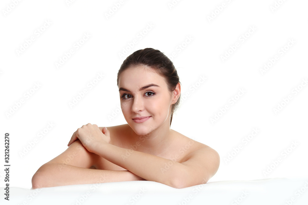 Portrait of beautiful young woman on white background Portrait of beautiful young woman on white background