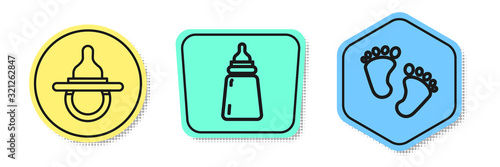 Set line Baby dummy pacifier, Baby bottle and Baby footprints. Colored shapes. Vector