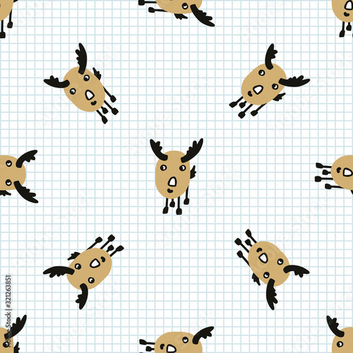 Kawaii doodle antlered deer seamless vector pattern. Hand drawn naive game animal background. Stag with horns cute home decor. Horn, antler, hunt, season, whitetail. Vector EPS 10. 