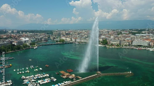 flight over summer day geneva city lakeside bay fountain aerial panorama 4k switzerland