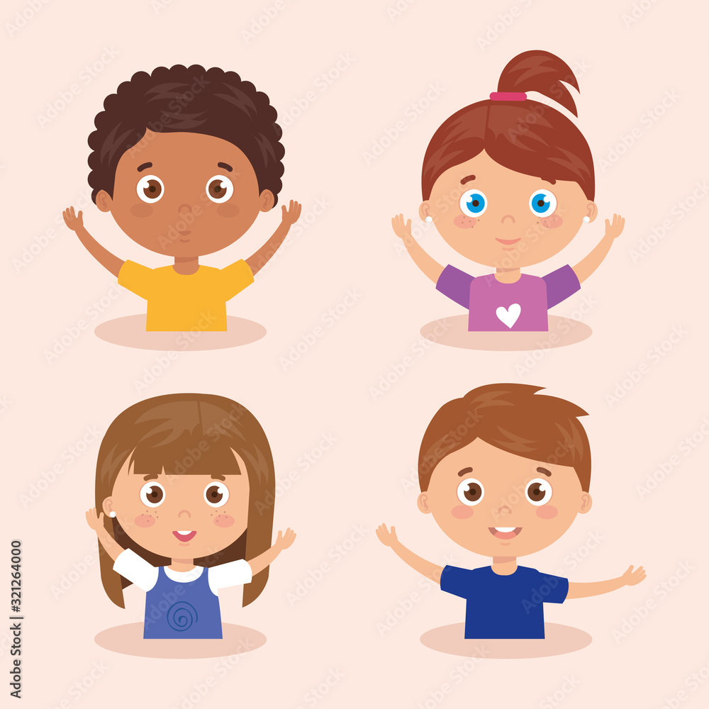 set of children smiling with his hands up vector illustration design