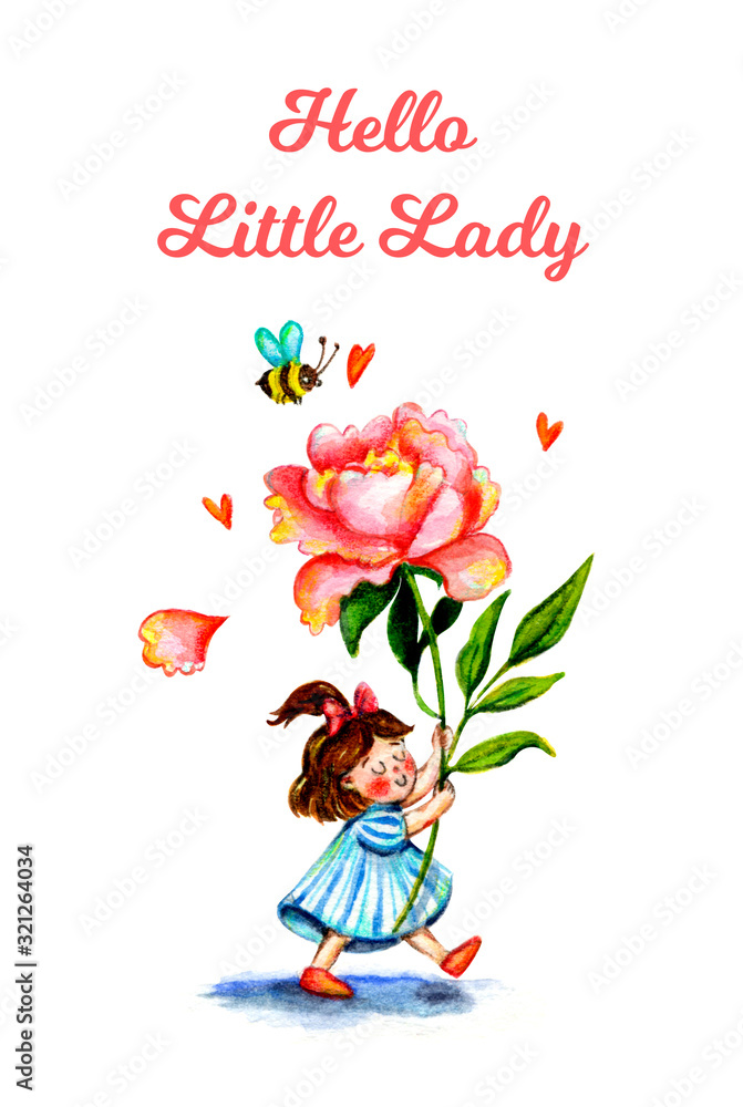 Hello little lady. Watercolor illustration with baby girl, big flower  peony, bee. Cute cartoon drawing. Baby shower, gender party. Ideal poster,  picture for the kids room. Children party invitation. Stock Photo