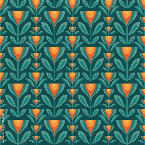 Flowers leaves vector background. Mid-century modern geometric seamless pattern. Decorative ornament in retro vintage design style. Floral backdrop.