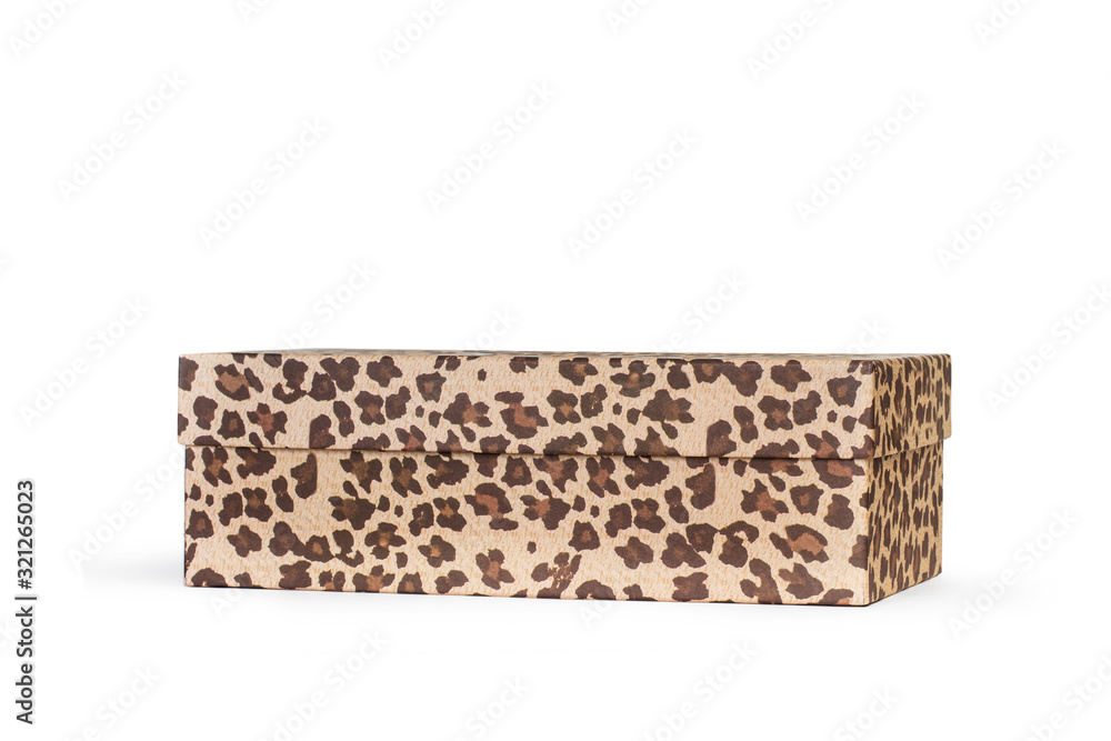 Caja de zapatos de cartón sobre fondo blanco aislado. Vista de frente. Copy space. Motivo: Animal Print Caja de zapatos de cartón sobre fondo blanco aislado. Vista de frente. Copy space. Motivo: Animal Print
