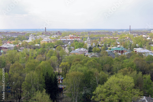 Vologda. The view from the top. Sunny spring day. Crosses of the domes of St. Sophia Cathedral