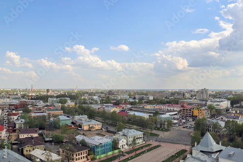 Vologda river, a historical and modern part of the city. Spring. Sunny day.