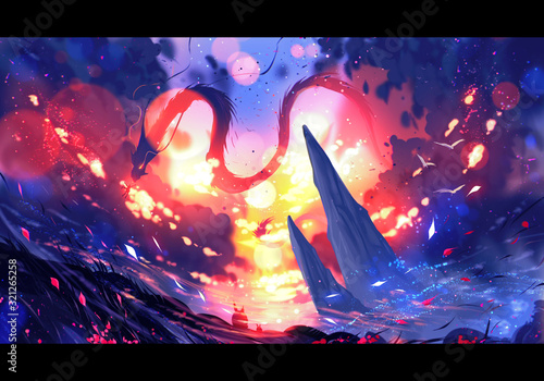 Artistic digital paint illustration of a dragon attacking a castle