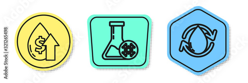 Set line Oil price increase, Antifreeze test tube and Oil drop. Colored shapes. Vector