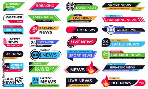 News banner. Breaking header, 24 live news and sport bar banner templates vector set. Collection of lower thirds or graphic overlays for television newscast show, internet media, online broadcasting.