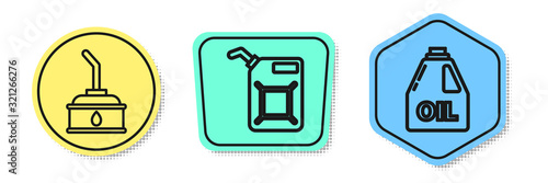 Set line Canister for motor machine oil, Canister for gasoline and Canister for motor machine oil. Colored shapes. Vector